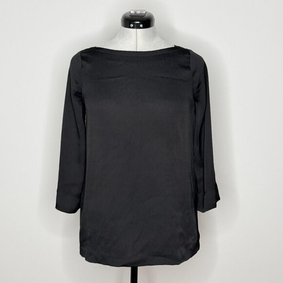 LOFT Tops - LOFT Black Boat Neck 3/4 Sleeve Satin-Look Blouse Top